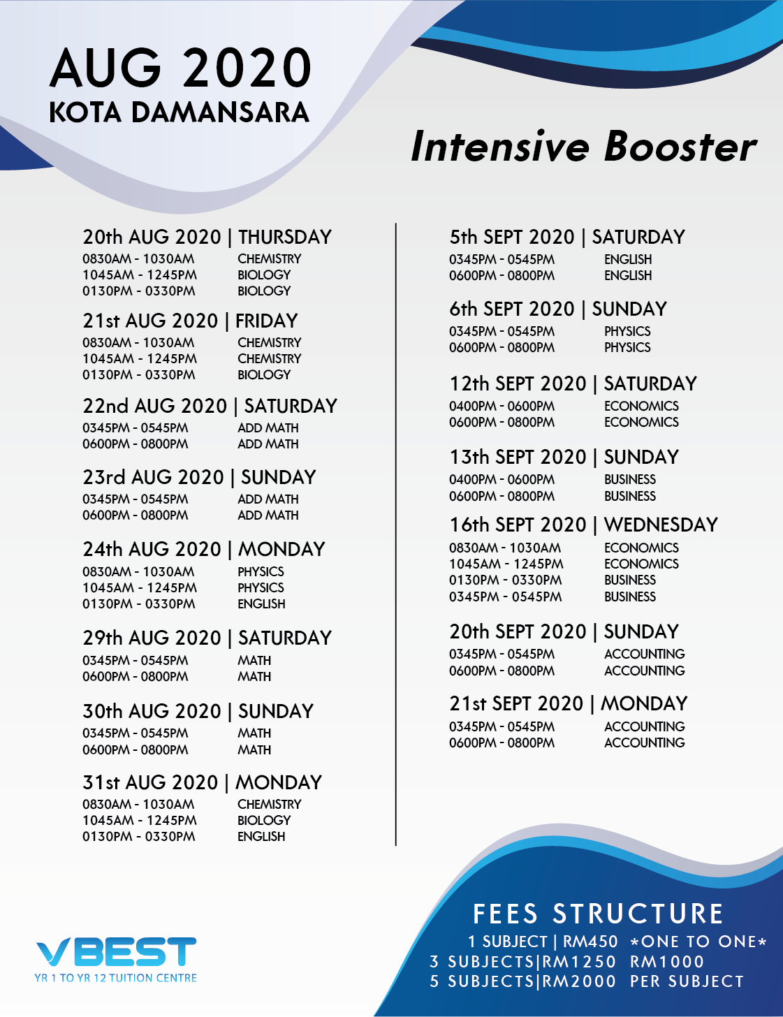 Intensive class time table SS2-01 VBest Year 1 to Year 12 Tuition Centre
